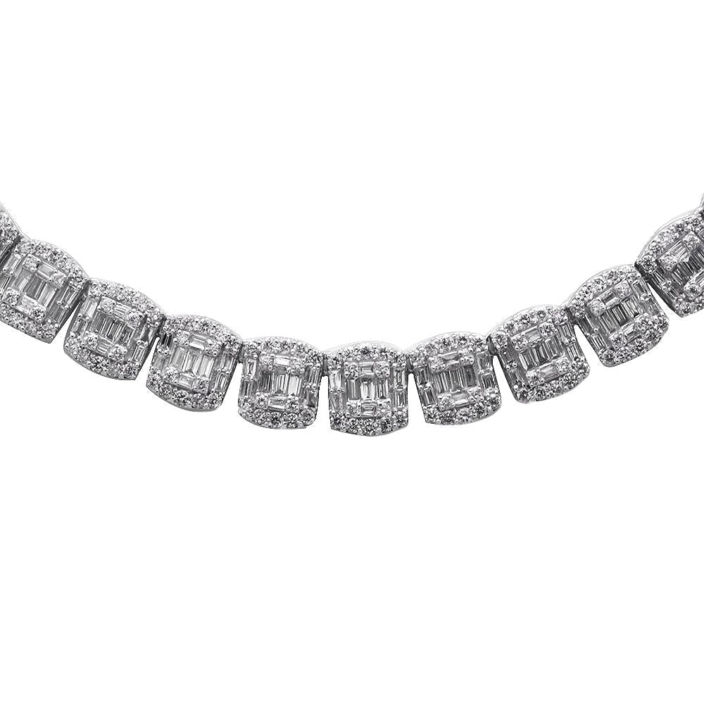 14K WHITE GOLD 11.68ct NATURAL ROUND& BAGUETTE CUT DIAMOND TENNIS NECKLACE 22" LONG
