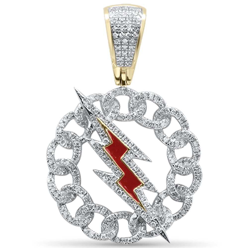 10K YELLOW GOLD .60ct NATURAL DIAMOND CHAIN LINK RED ENAMEL LIGHTNING BOLT PENDANT
